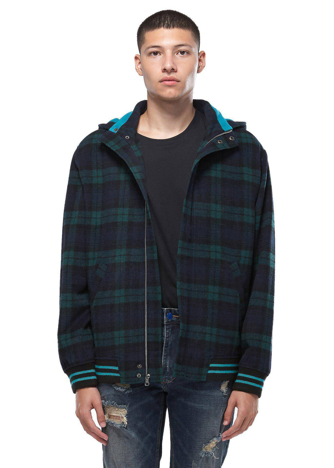 Konus Men's Wool Blend Plaid Hooded Zip Up Jacket in Green by Shop at Konus