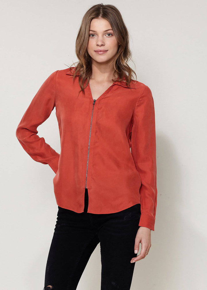 Women's Zip Up Shirt Blouse In Sweet Paprika by Shop at Konus