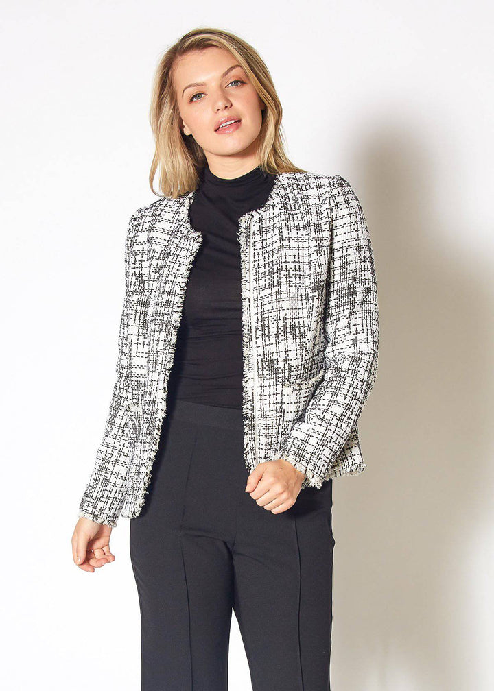 Women's Open Front Tweed Blazer in Black White Tweed by Shop at Konus