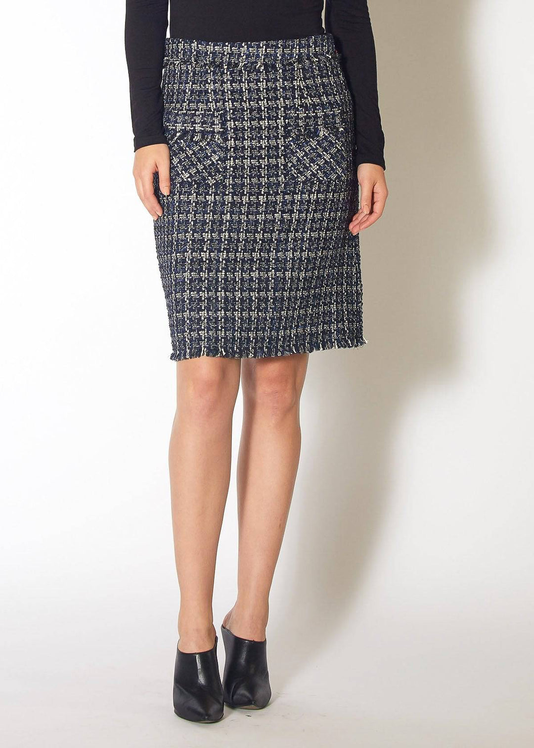 Women's High Rise Pencil Skirt in Navy Tweed by Shop at Konus