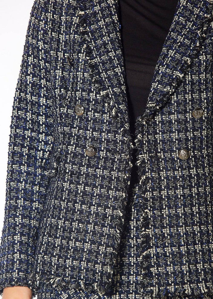 Women's Tweed Fringe Hem Blazer Jacket in Navy Tweed by Shop at Konus