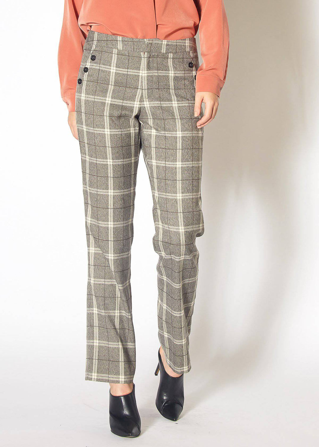 Women's Suiting Straight Pants in Mocha Plaid by Shop at Konus