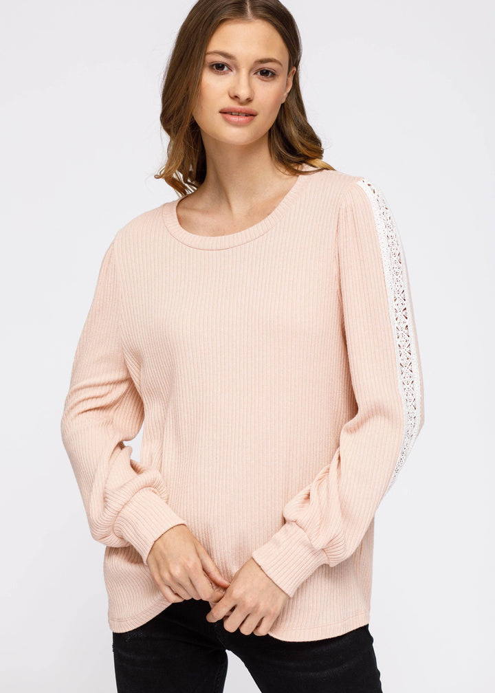 Women's Round Neck Sweater With Long Cuff Sleeves in Blush by Shop at Konus