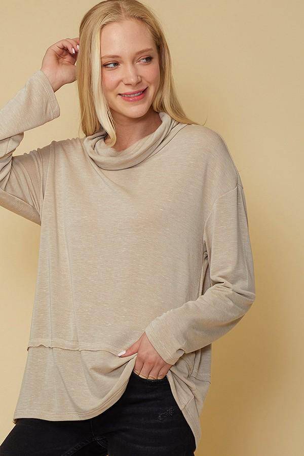 Women's Cowl Neck Drop Shoulder Layered Hem Top in Beige by Shop at Konus