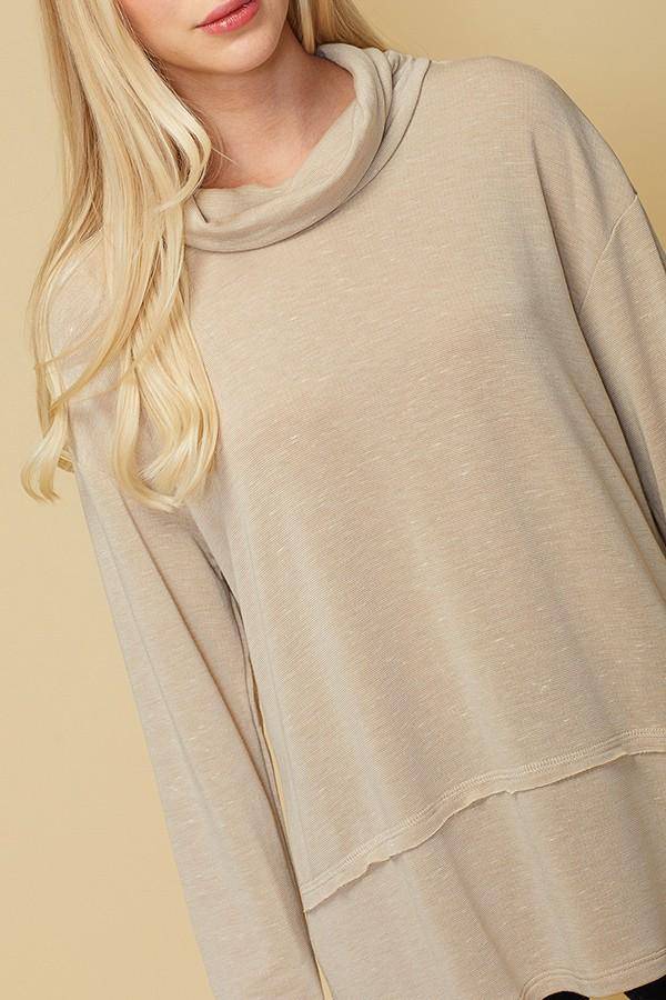 Women's Cowl Neck Drop Shoulder Layered Hem Top in Beige by Shop at Konus