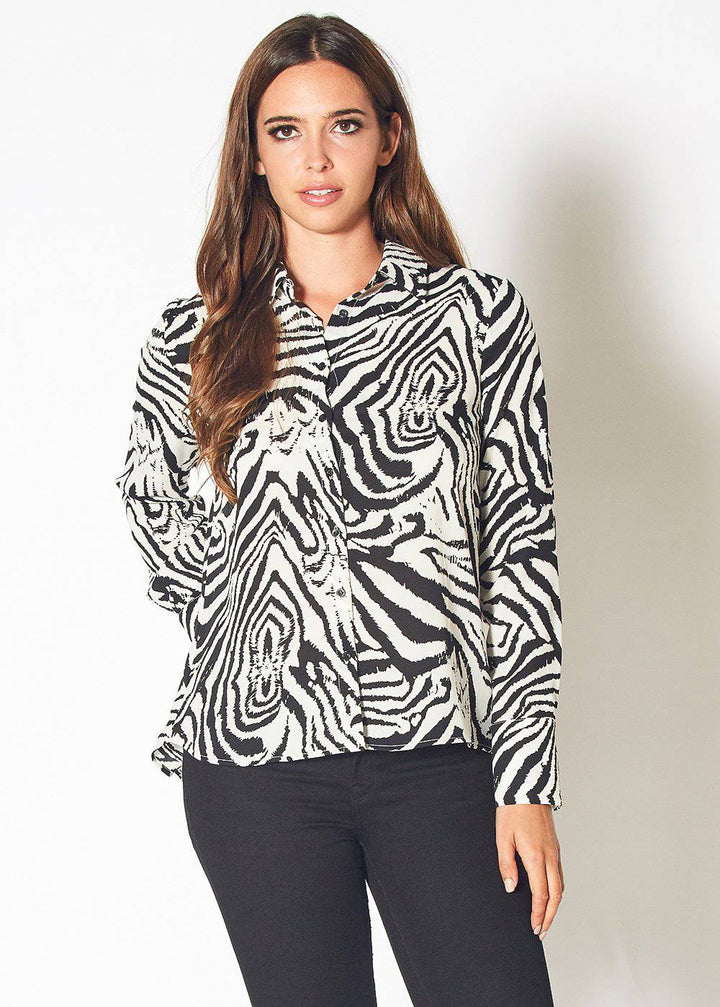 Women's Zebra Button Up Shirt Blouse in Blk White Zebra by Shop at Konus