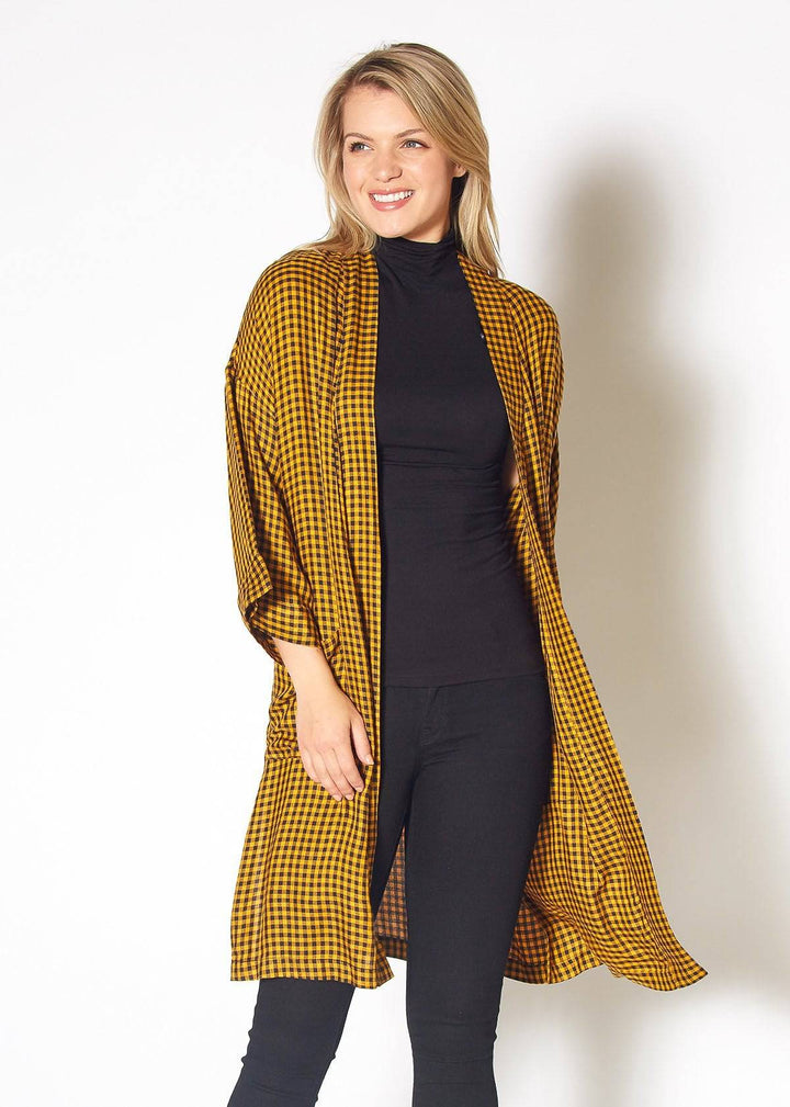 Gingham Kimono Cardigan in Mustard Dark Navy Checker by Shop at Konus