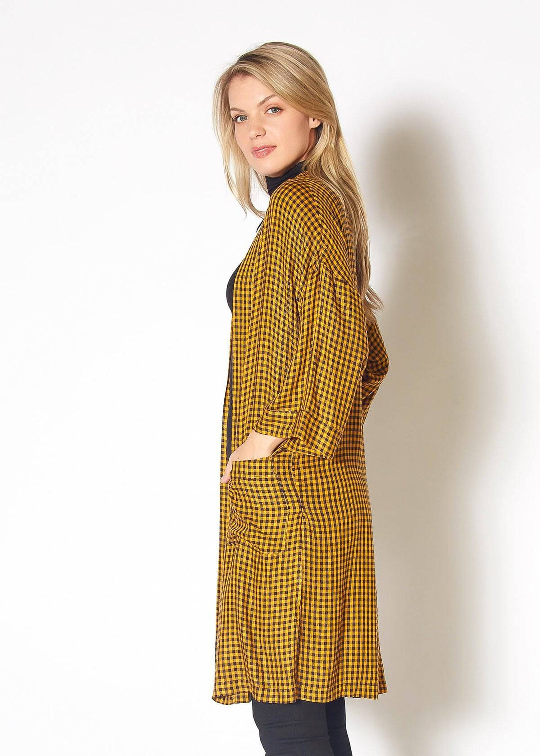 Gingham Kimono Cardigan in Mustard Dark Navy Checker by Shop at Konus