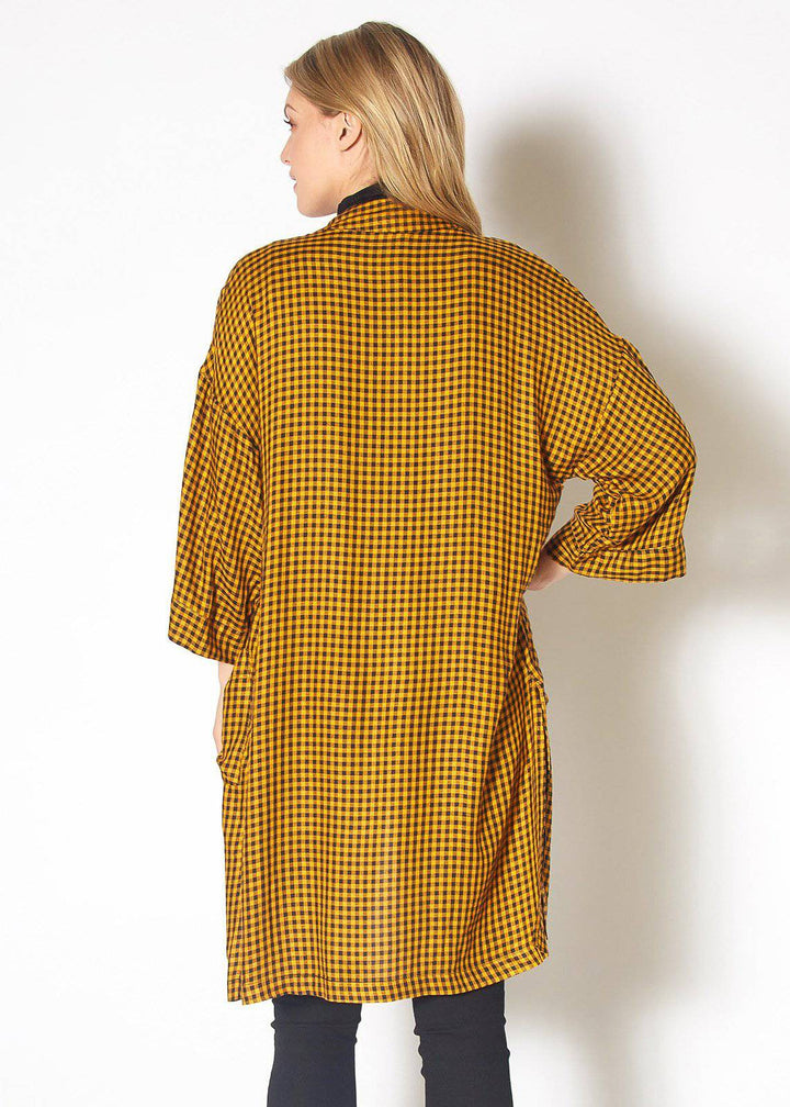 Gingham Kimono Cardigan in Mustard Dark Navy Checker by Shop at Konus