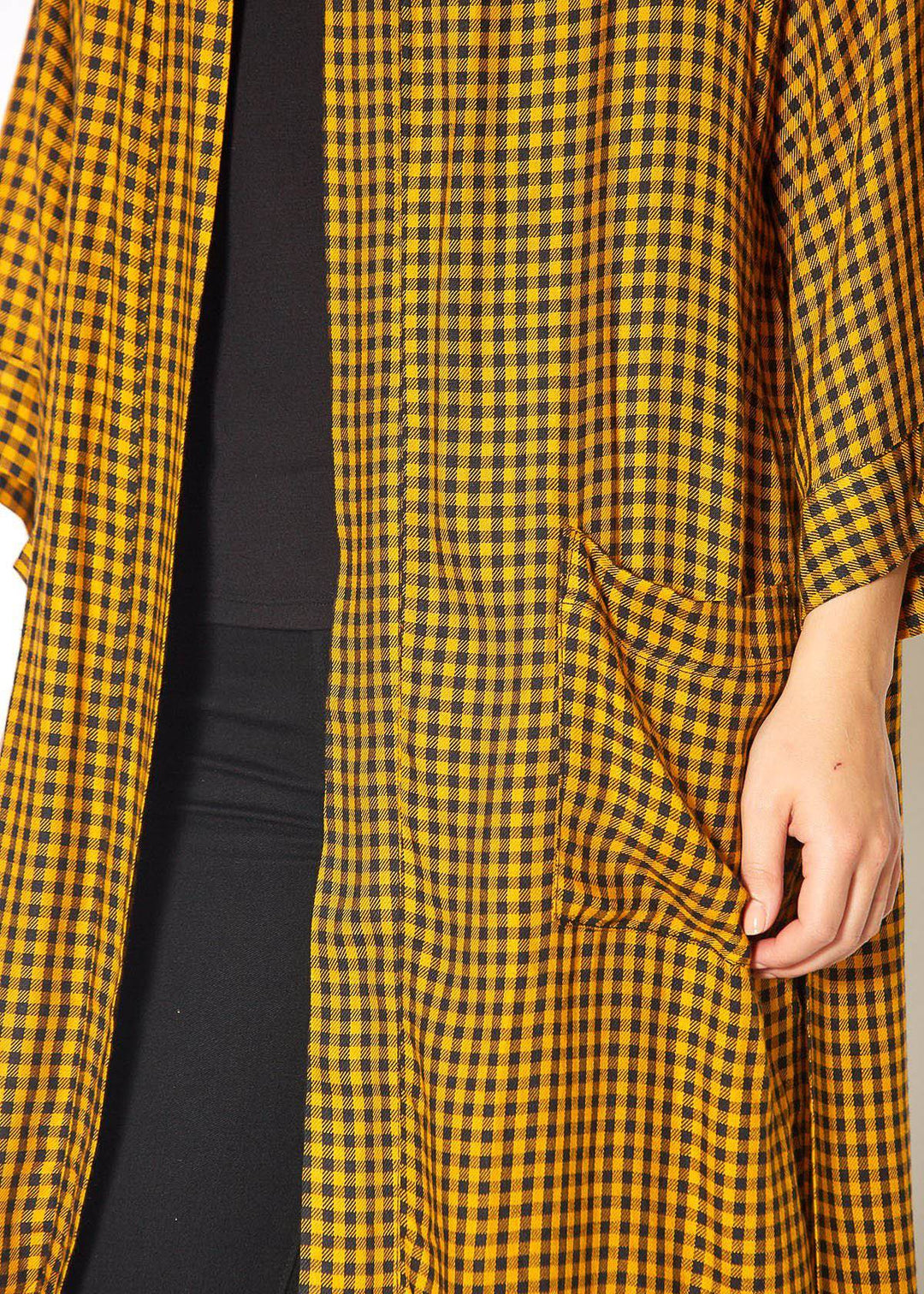 Gingham Kimono Cardigan in Mustard Dark Navy Checker by Shop at Konus