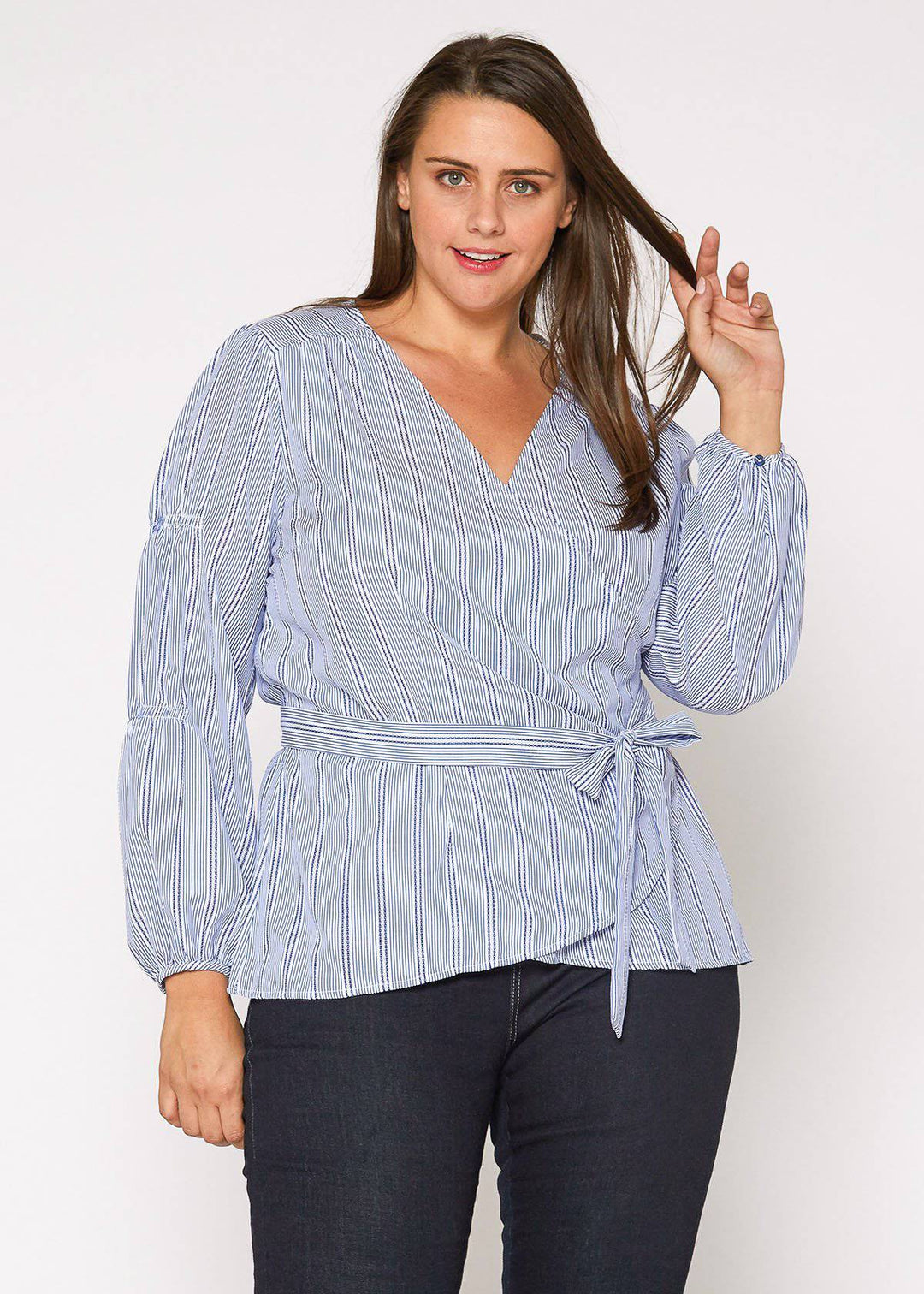 Plus Size Stripe Wrap Blouse in Blue by Shop at Konus