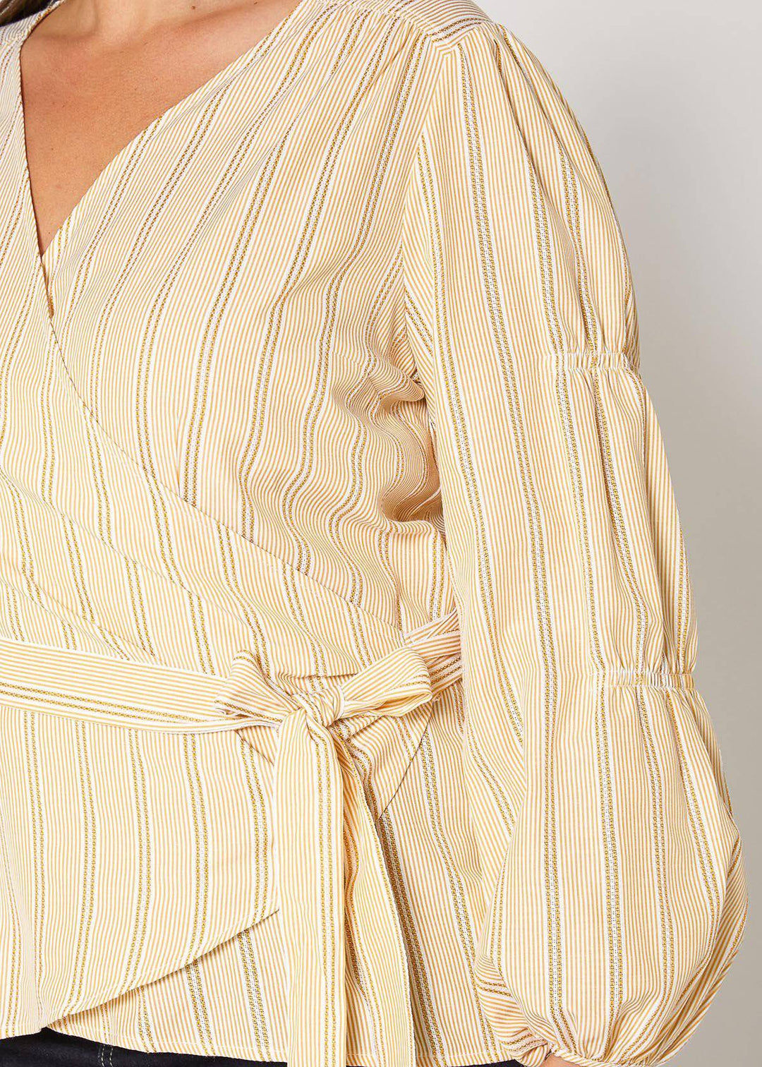 Plus Size Stripe Wrap Blouse in Yellow by Shop at Konus