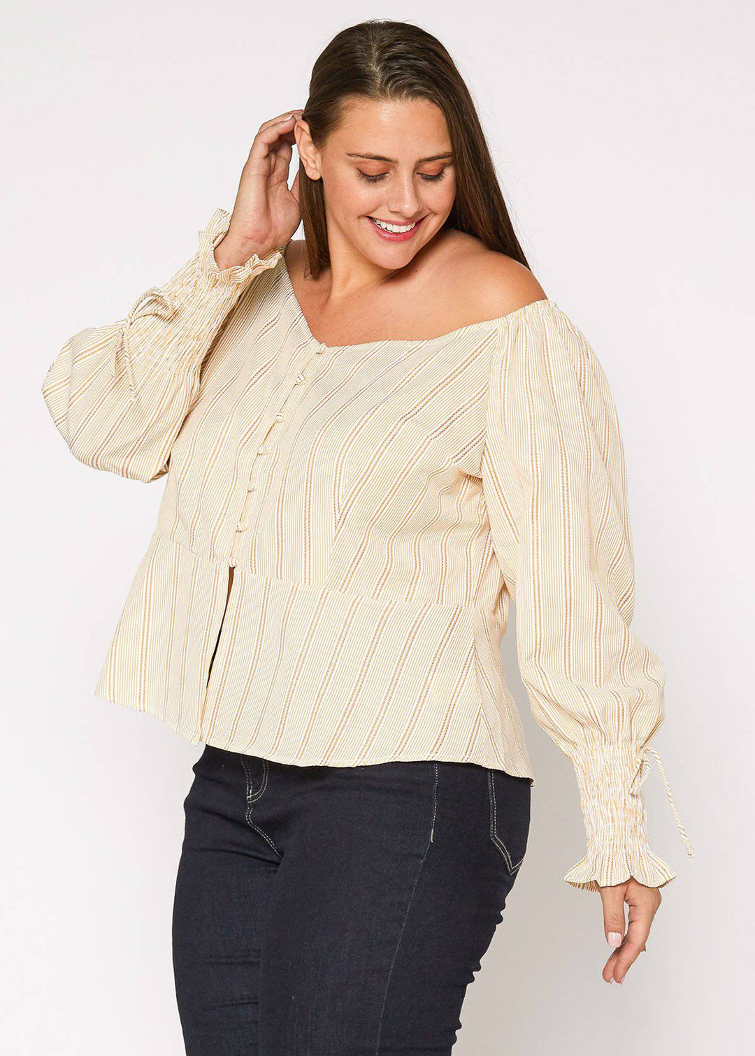 Plus Size Smocked Sleeve Wrap Blouse in Yellow by Shop at Konus