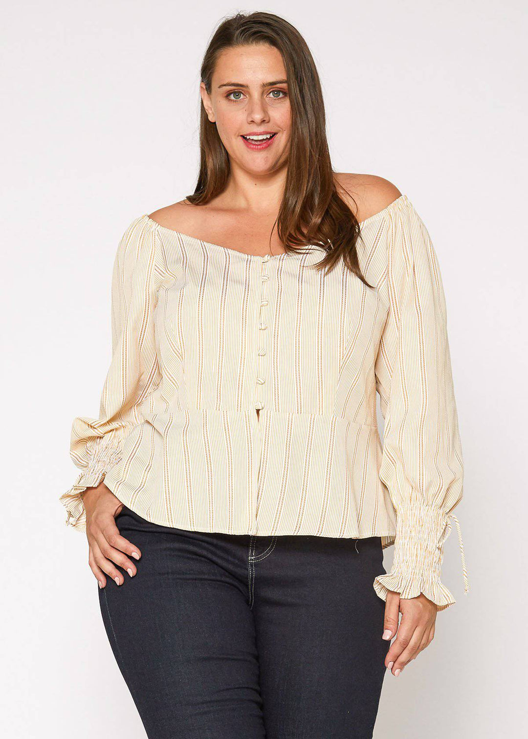 Plus Size Smocked Sleeve Wrap Blouse in Yellow by Shop at Konus