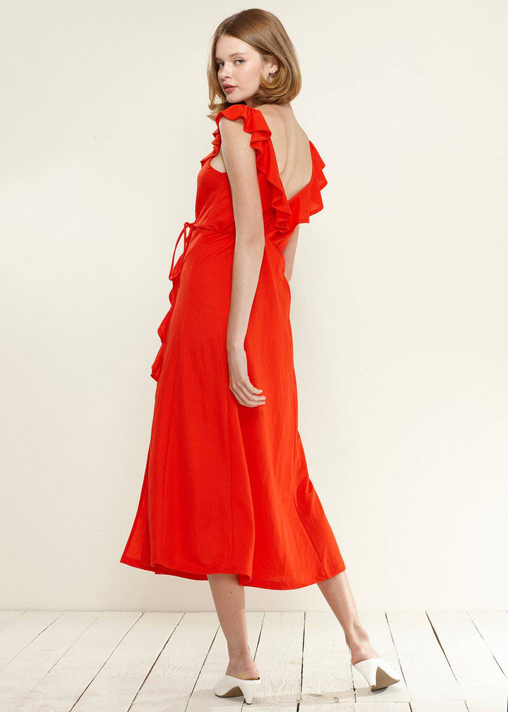 Ruffle Trim Wrapped Maxi Dress in Red by Shop at Konus