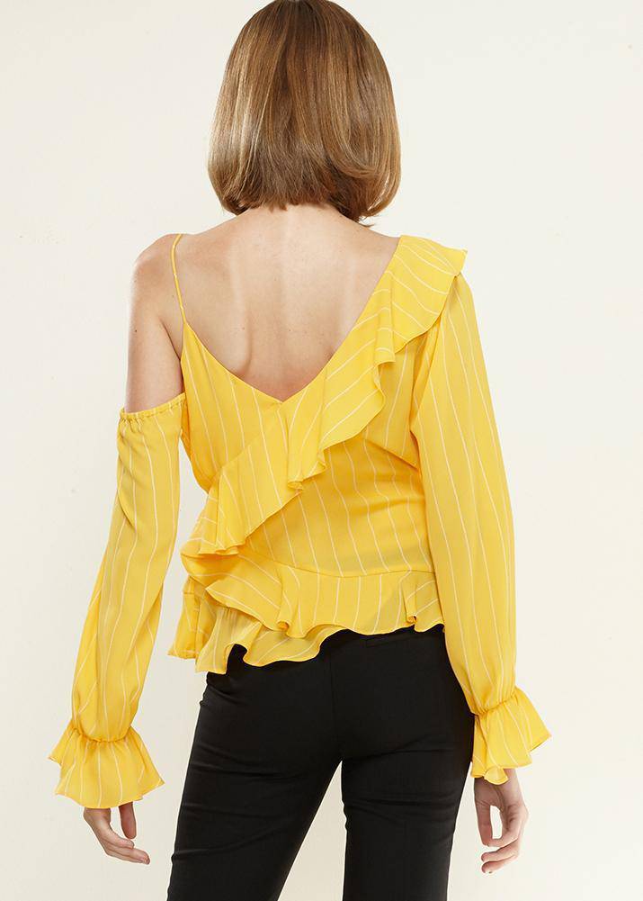 Women's Asymmetrical Shoulder Ruffle Blouse in Yellow by Shop at Konus