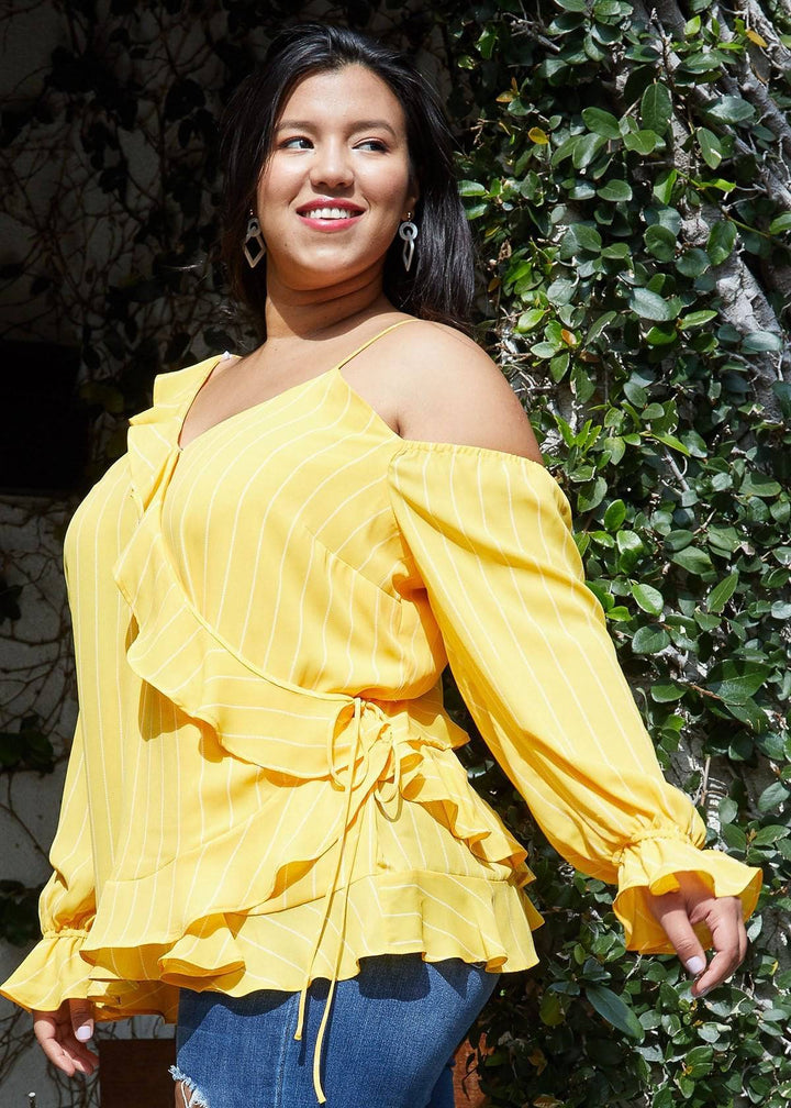 Plus Size Asymmetrical Shoulder Ruffle Blouse in Yellow by Shop at Konus