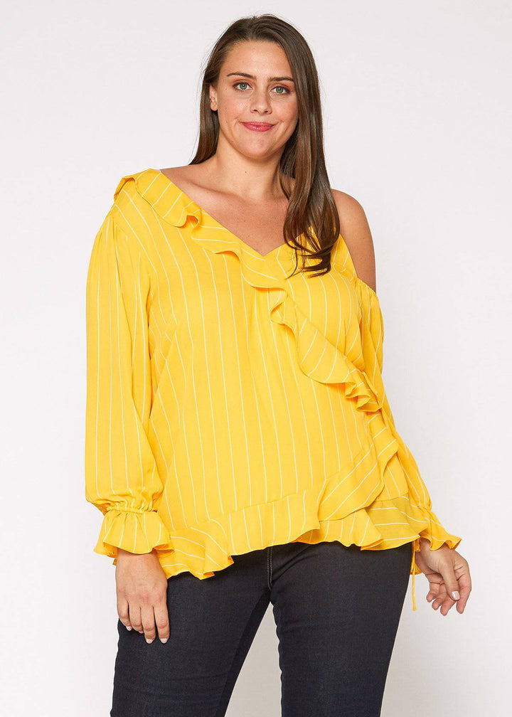 Plus Size Asymmetrical Shoulder Ruffle Blouse in Yellow by Shop at Konus