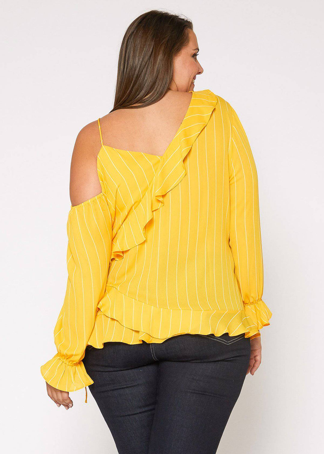 Plus Size Asymmetrical Shoulder Ruffle Blouse in Yellow by Shop at Konus