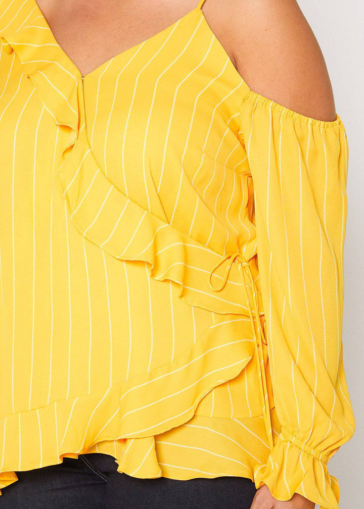 Plus Size Asymmetrical Shoulder Ruffle Blouse in Yellow by Shop at Konus