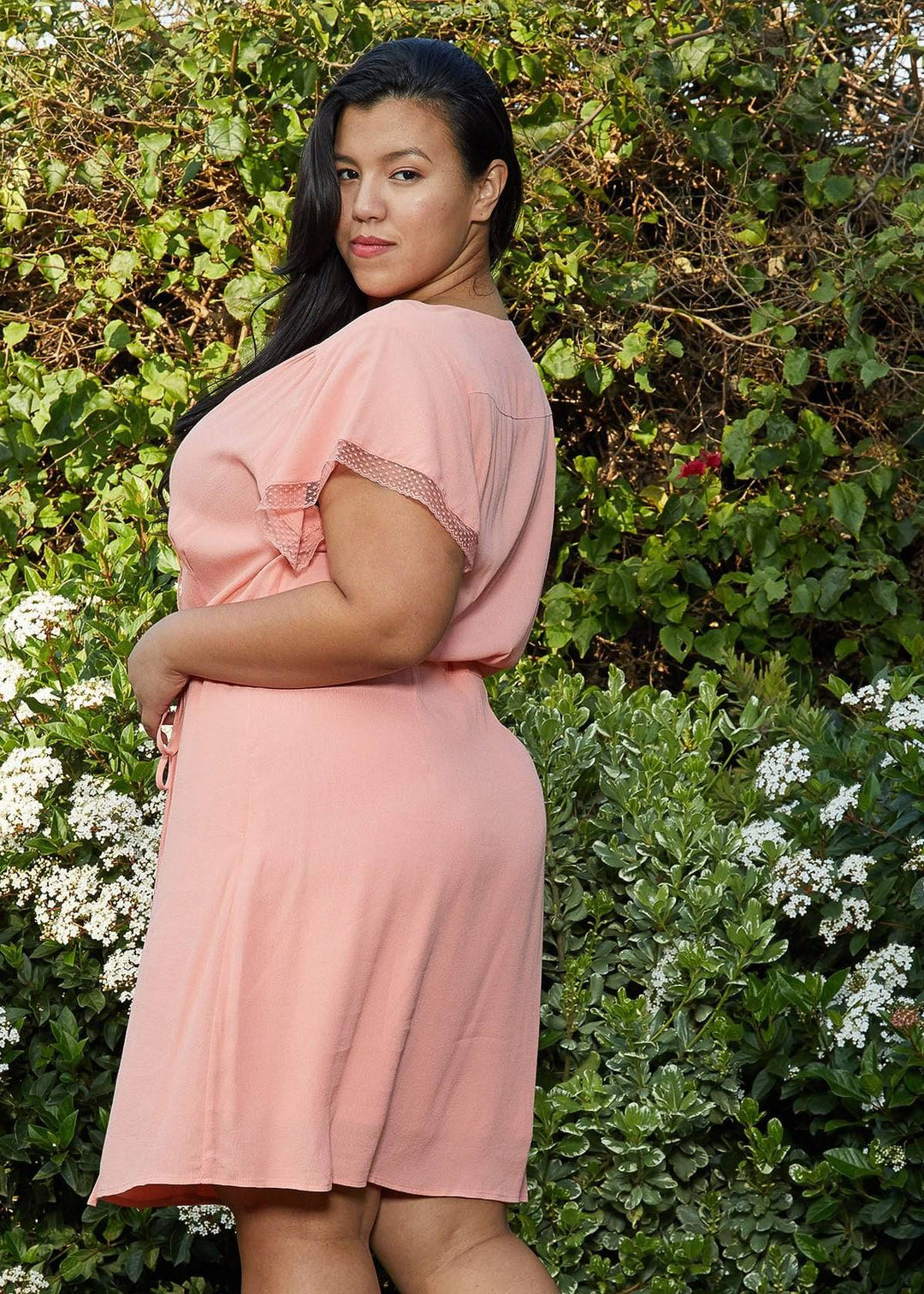 Plus Size Lace Trim Wrap Dress in Coral by Shop at Konus