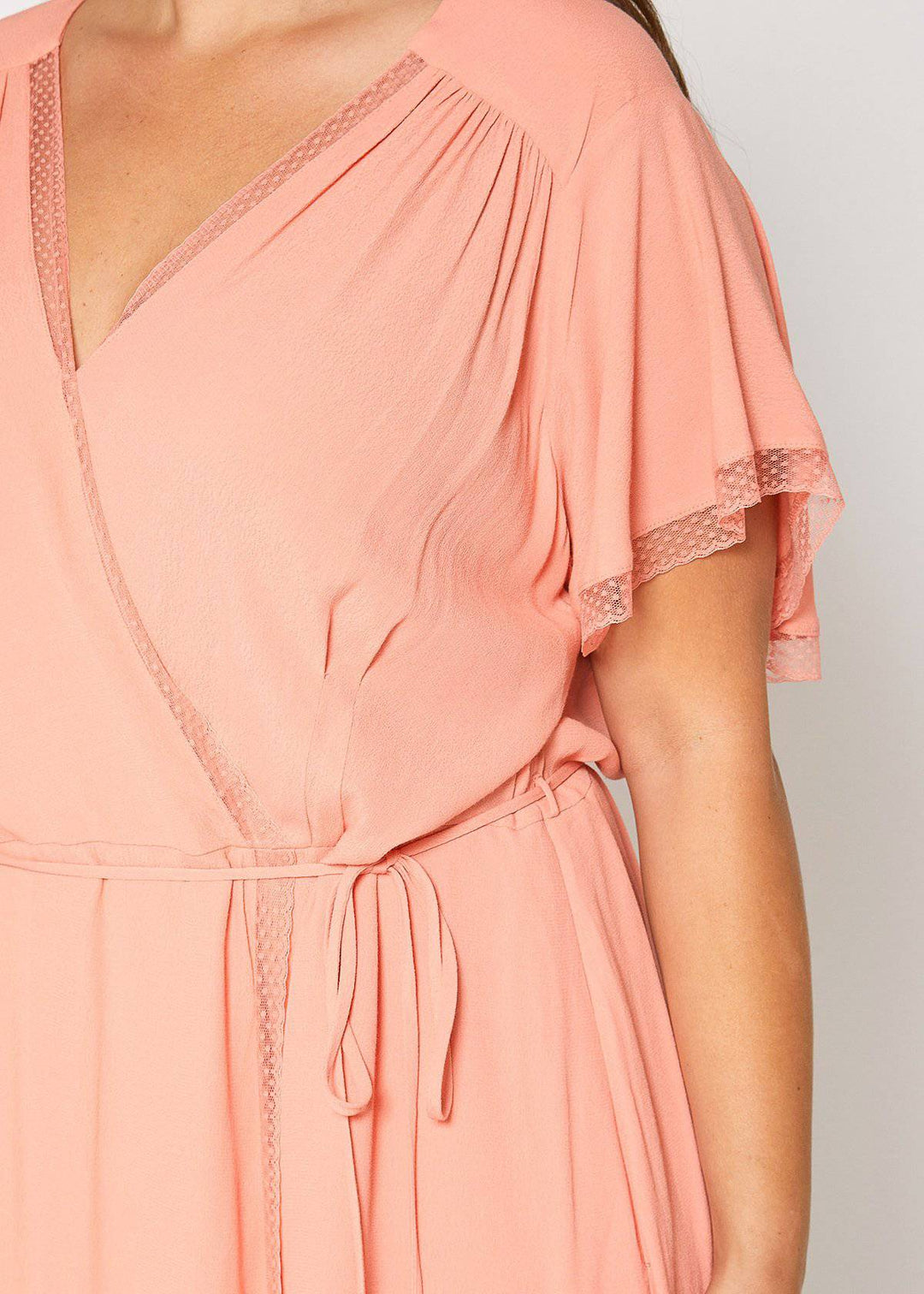 Plus Size Lace Trim Wrap Dress in Coral by Shop at Konus