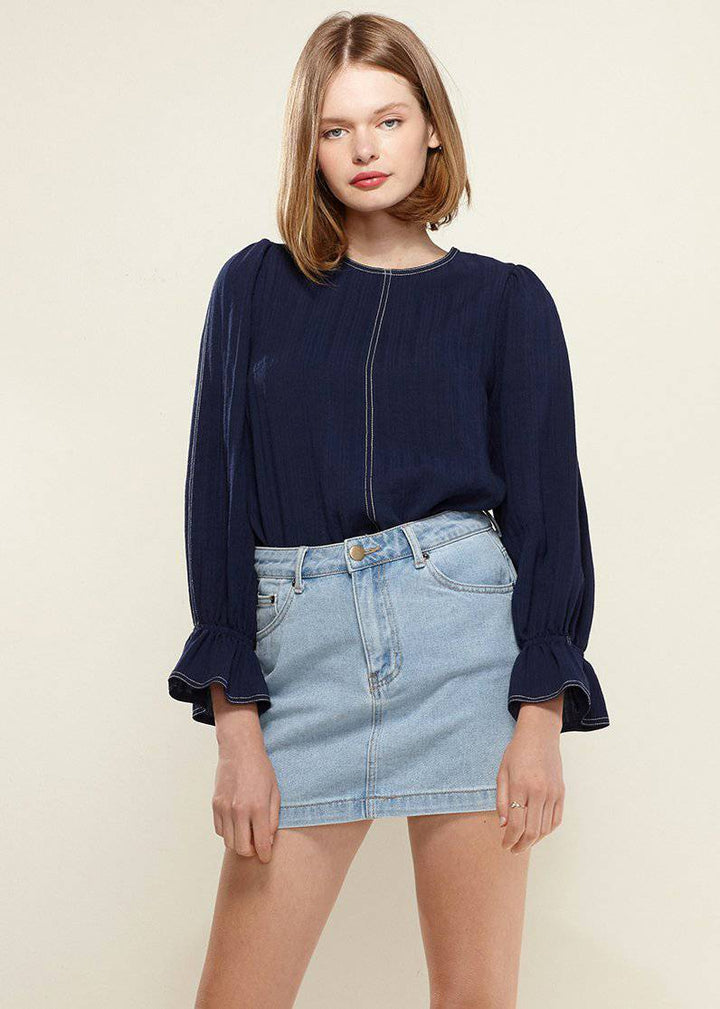 Women's Stitch Accent Puff Shoulder Bell Cuff Top in Navy by Shop at Konus