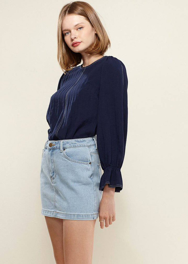 Women's Stitch Accent Puff Shoulder Bell Cuff Top in Navy by Shop at Konus