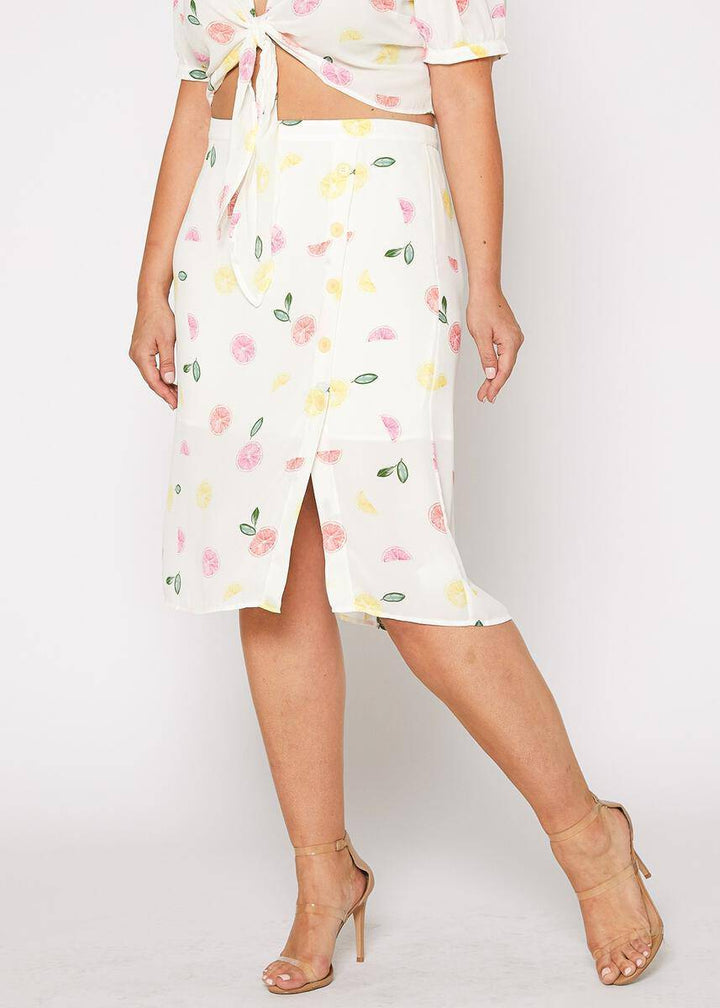 Plus Size Fruit Punch Button Front Midi Skirt in Fruit Punch by Shop at Konus