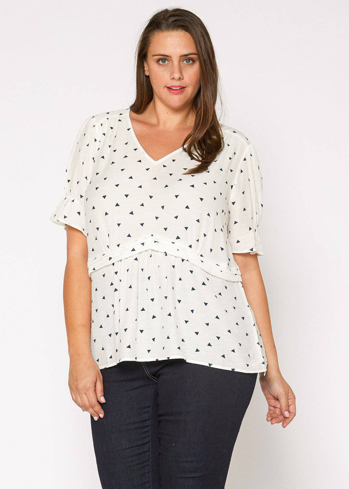 Plus Size Triangle Print Puff Sleeve Blouse in White Triangle by Shop at Konus