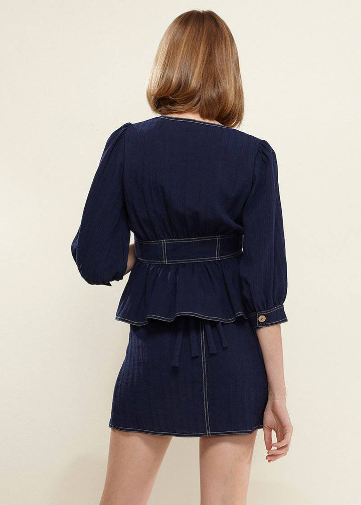 Puff Shoulder Button Front Peplum Top in Navy by Shop at Konus