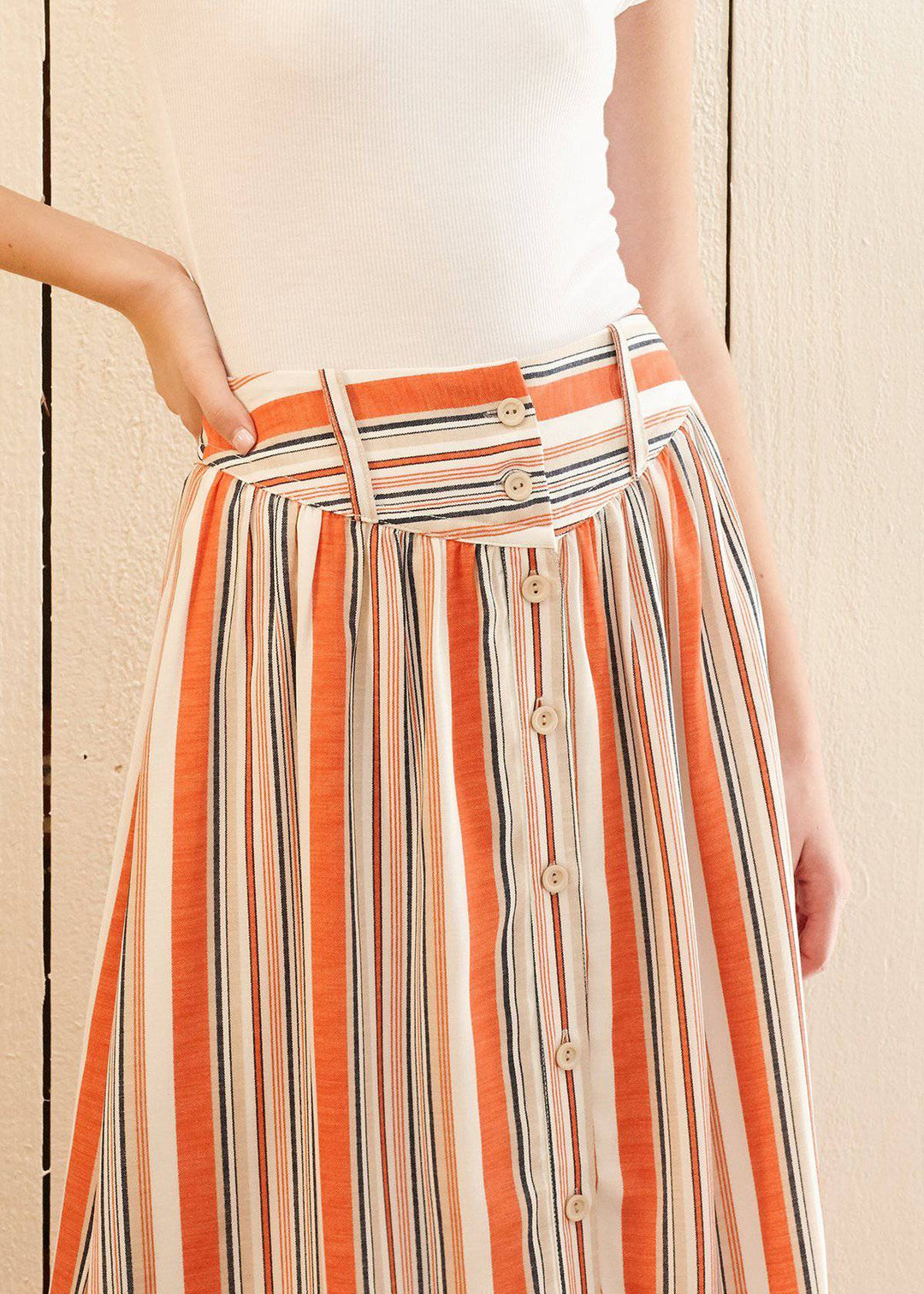 Women's Multi Stripe Button Front Midi Skirt in Rust Multi by Shop at Konus