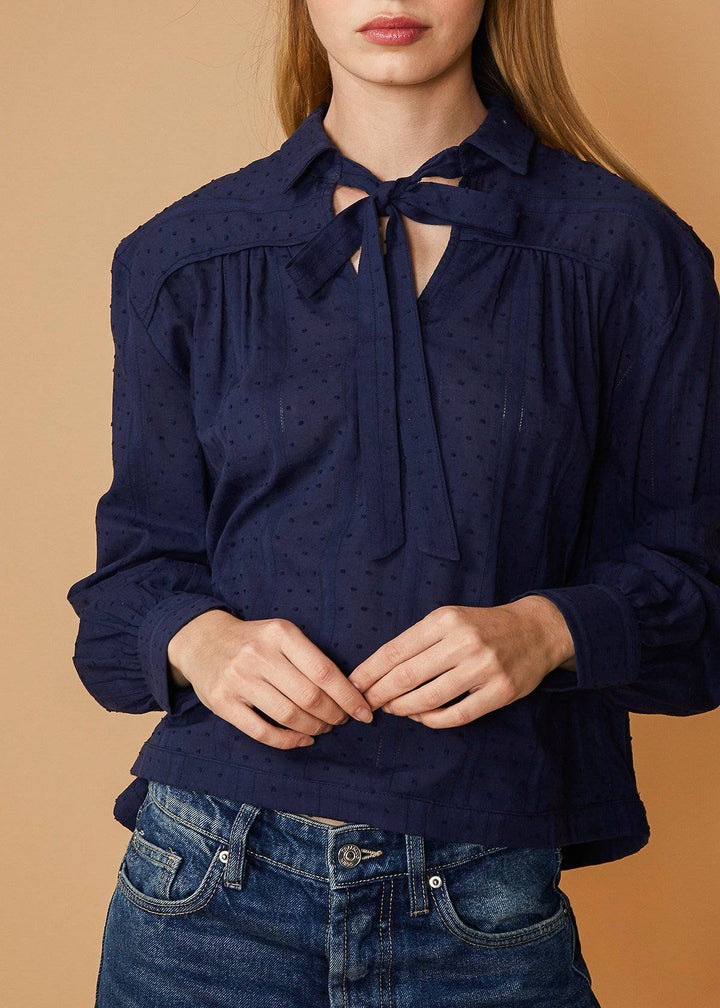 Women's Dotted Tie Neck Blouse in Midnight Stripe by Shop at Konus