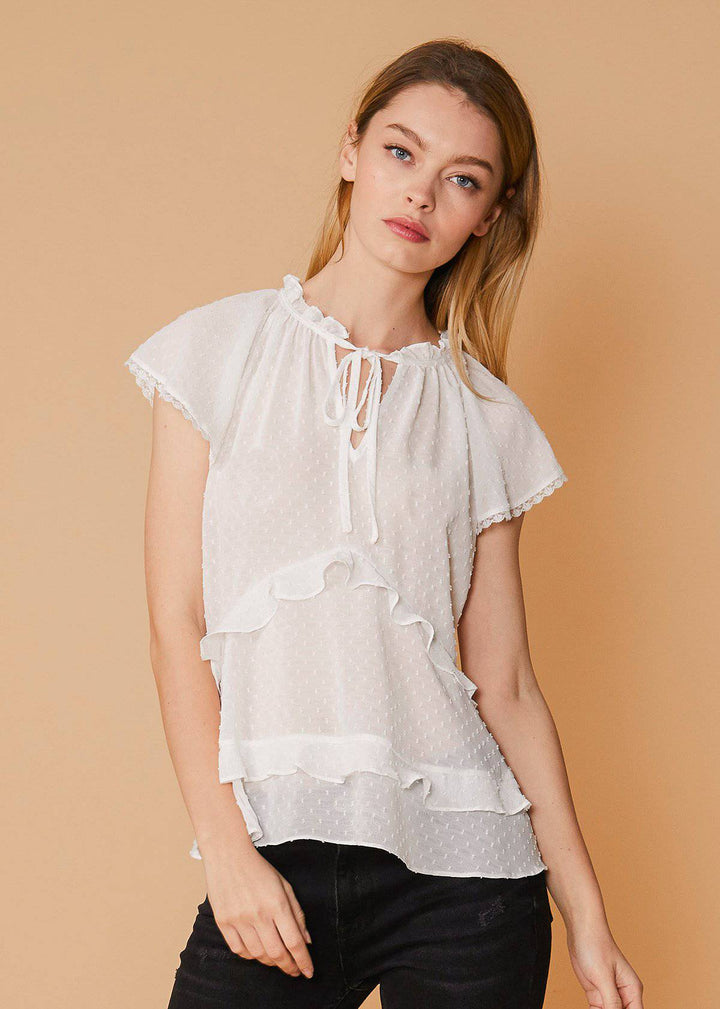 Swiss Dot Layered Ruffle Top in White by Shop at Konus