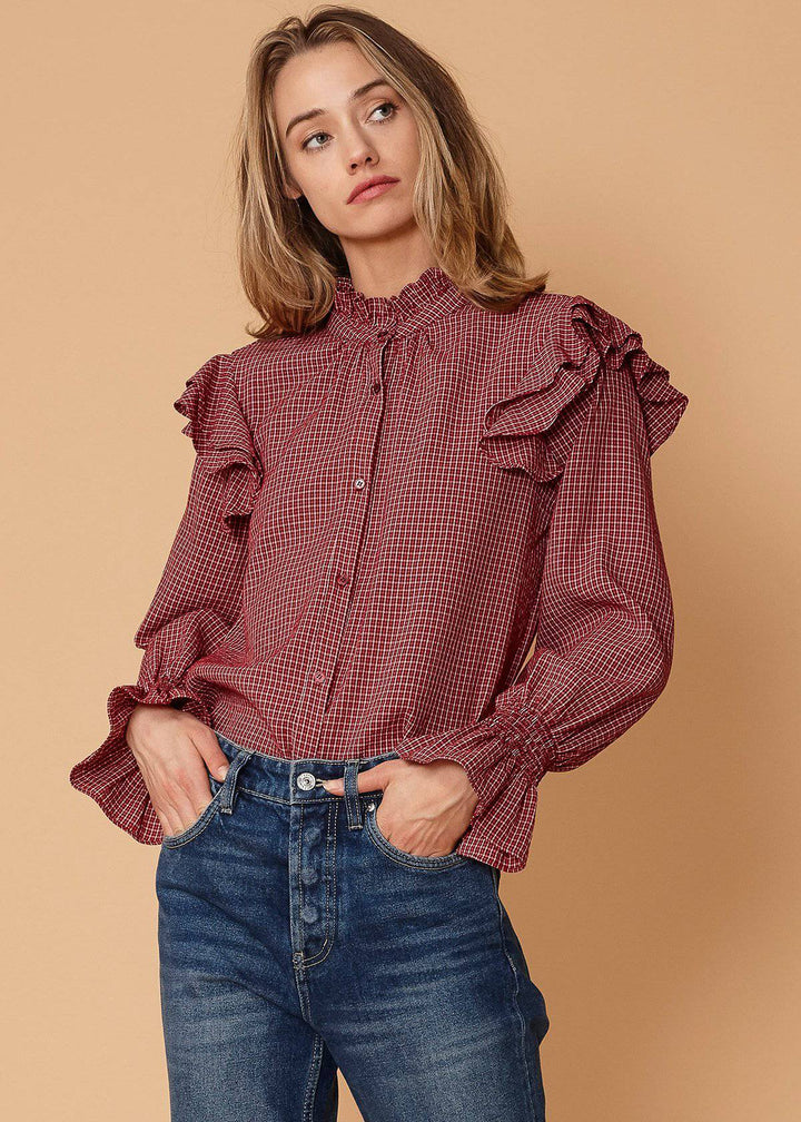 Women's Ruffle Detailed Plaid Shirt in Red by Shop at Konus