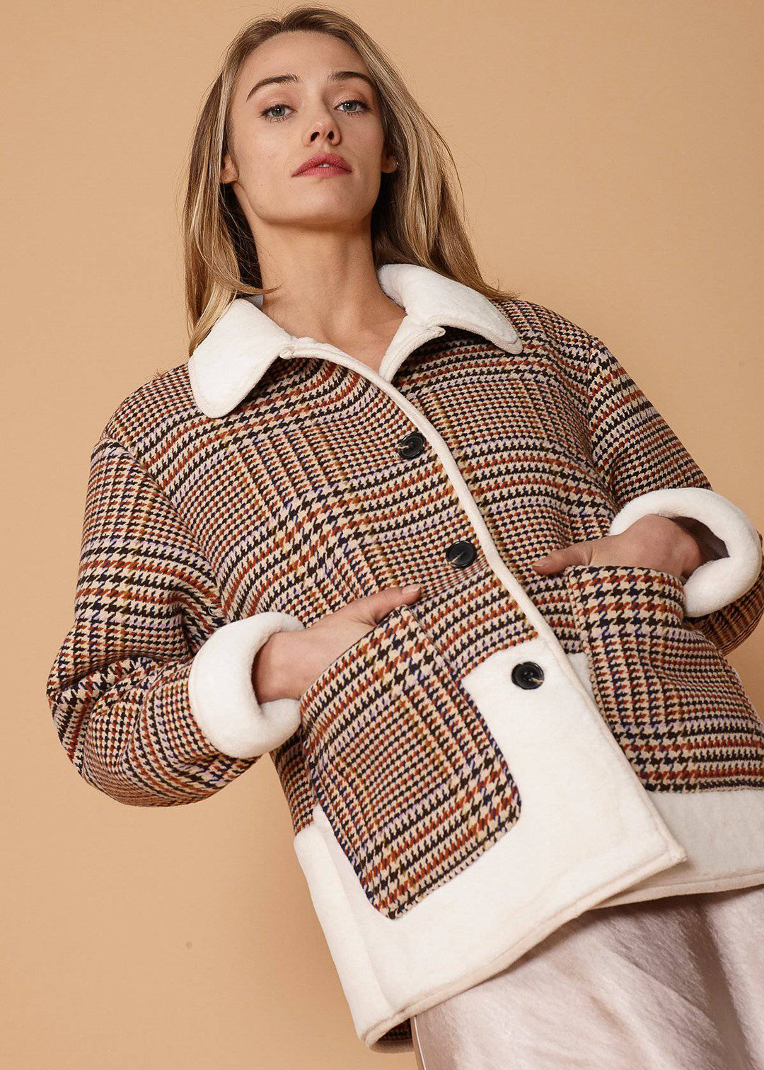 Women's Plaid Fur Jacket in Rust Houndstooth by Shop at Konus