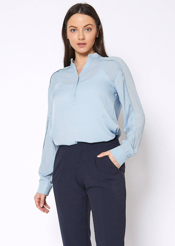 Women's Mandarin Collar Shirt Blouse In Cashmere Blue by Shop at Konus