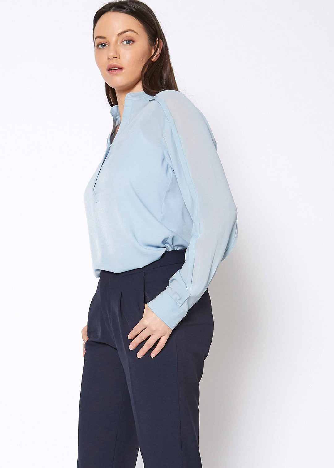 Women's Mandarin Collar Shirt Blouse In Cashmere Blue by Shop at Konus