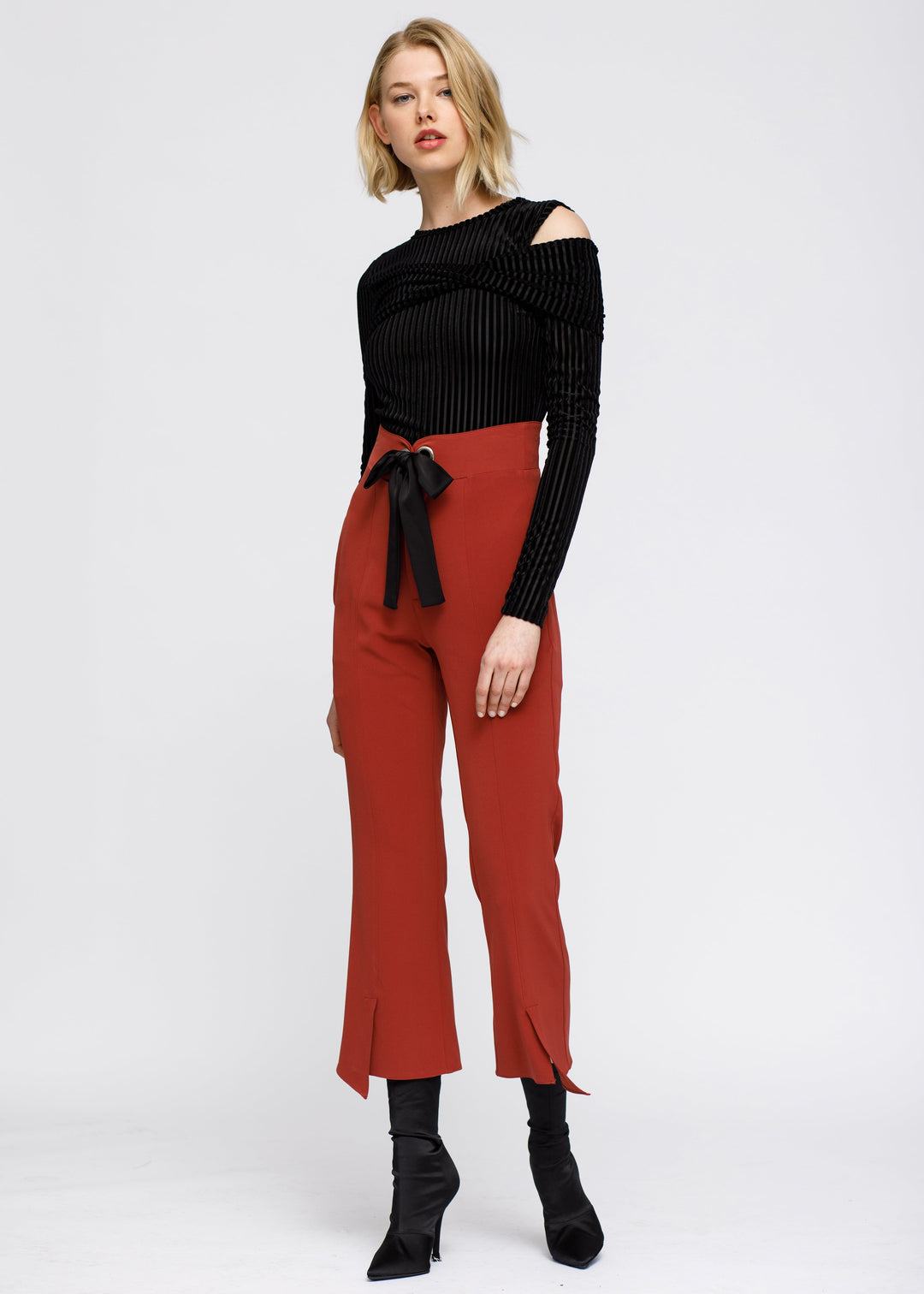 Open Shoulder Stripe Velvet Top by Shop at Konus