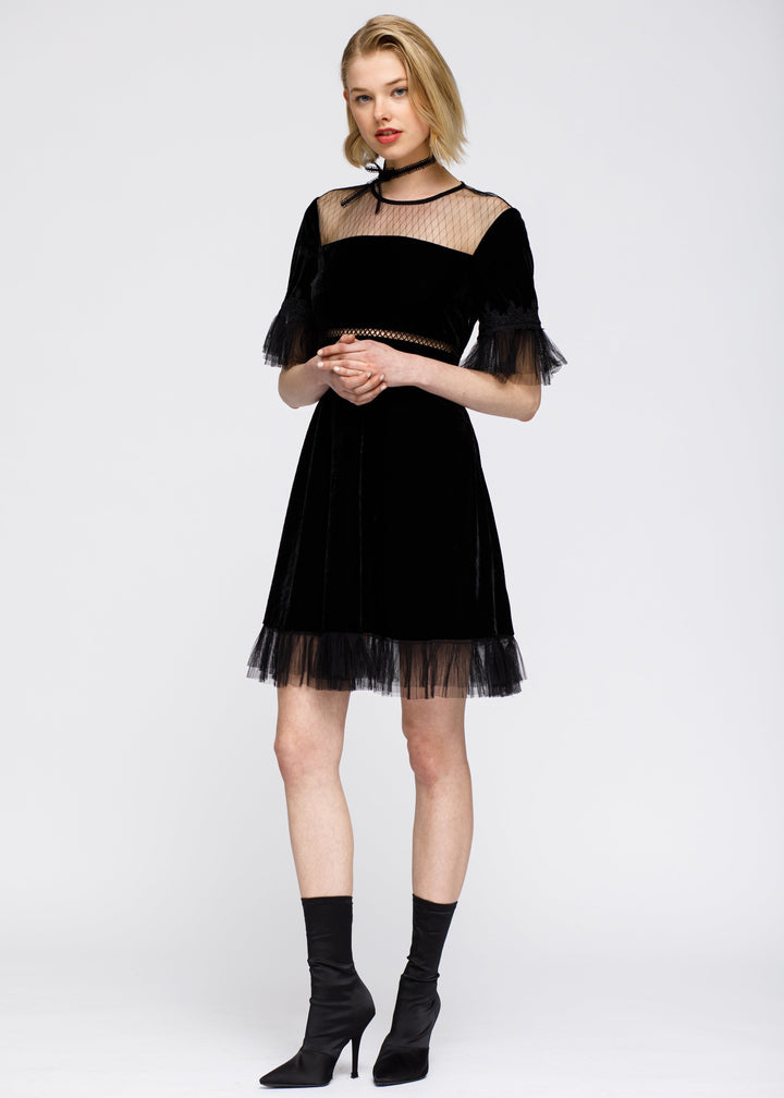 Mesh Contrast Velvet Dress In Black by Shop at Konus