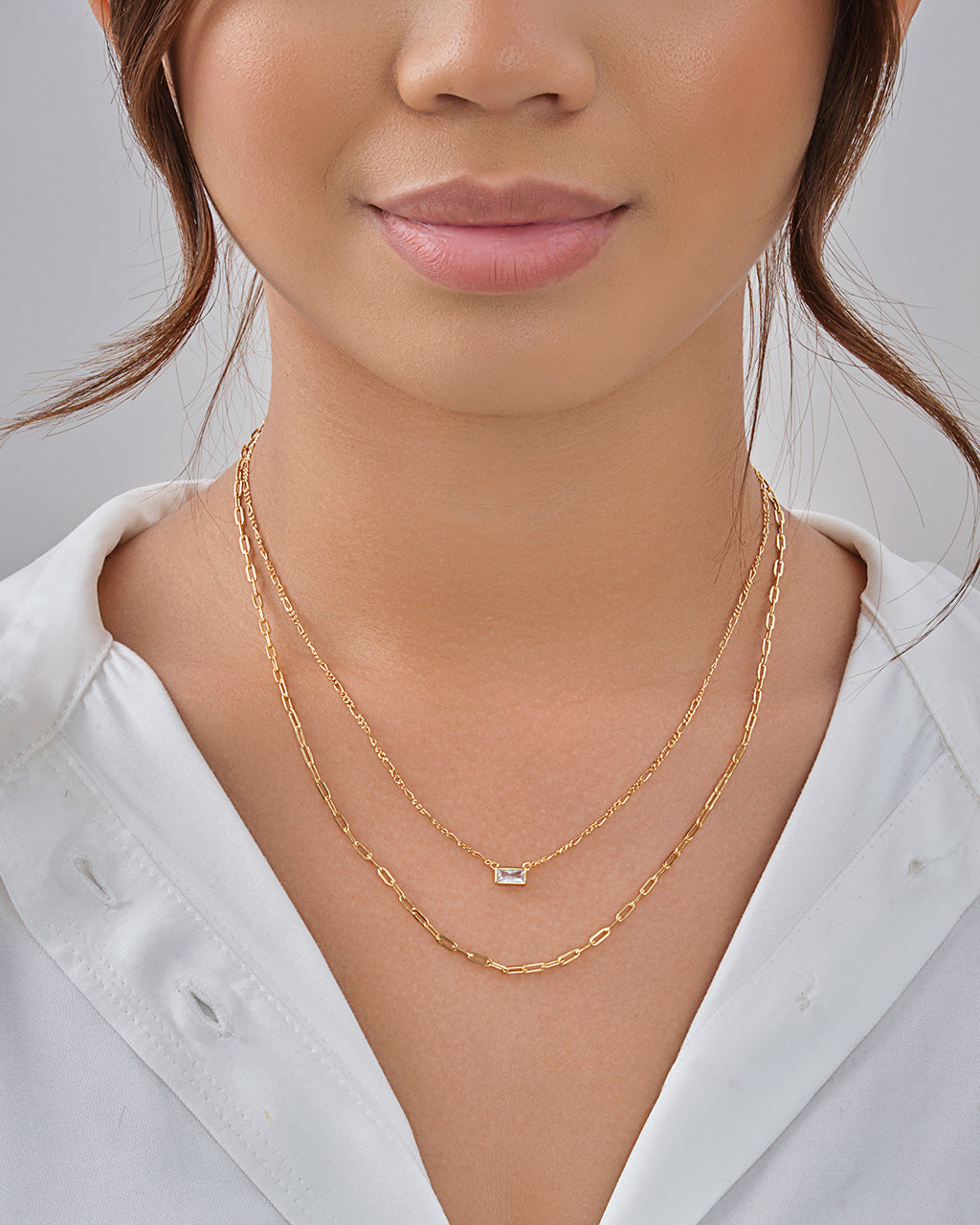 Delicate Sterling Silver 2 Layer Chain Necklace with Baguette CZ Charm by Sterling Forever