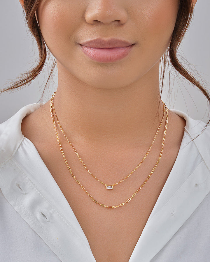 Delicate Sterling Silver 2 Layer Chain Necklace with Baguette CZ Charm by Sterling Forever
