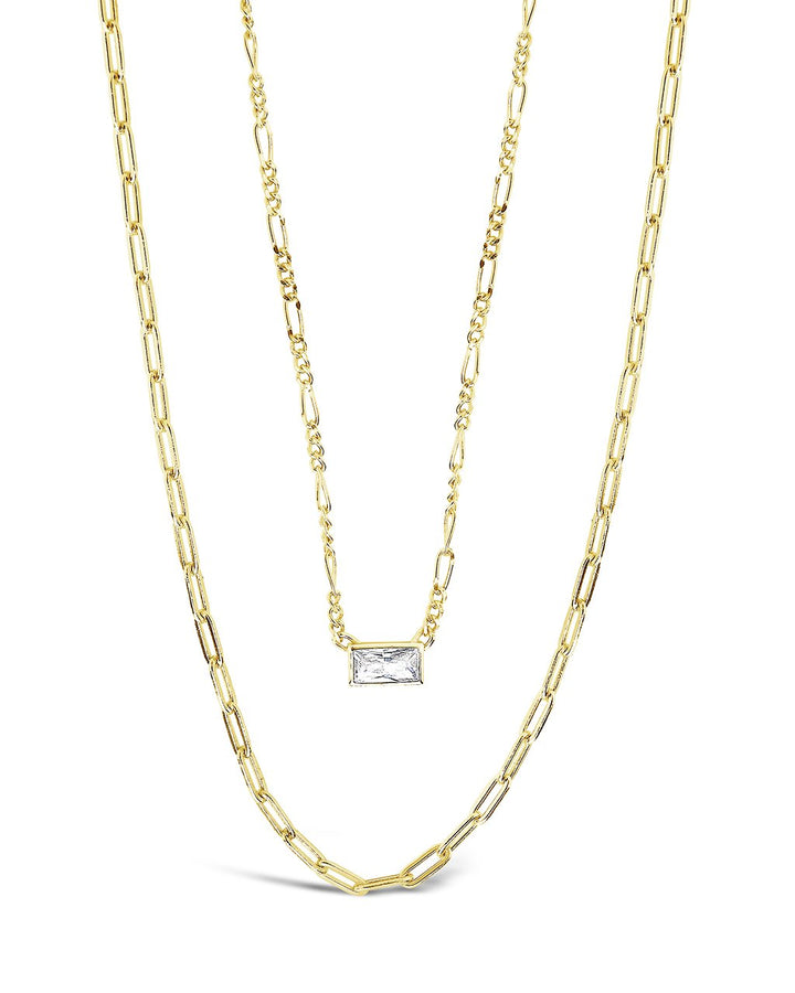 Delicate Sterling Silver 2 Layer Chain Necklace with Baguette CZ Charm by Sterling Forever