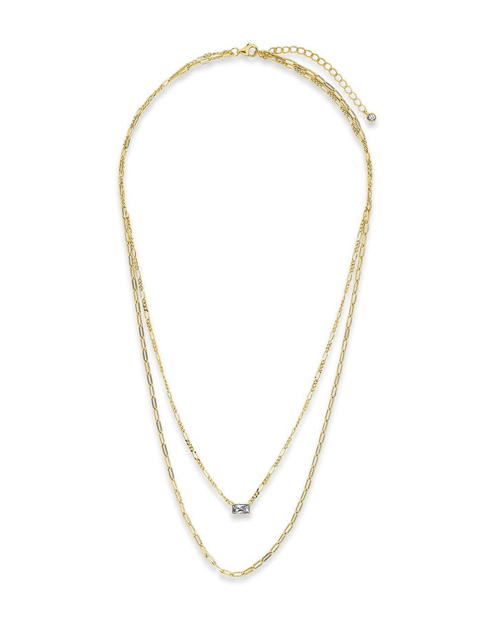 Delicate Sterling Silver 2 Layer Chain Necklace with Baguette CZ Charm by Sterling Forever