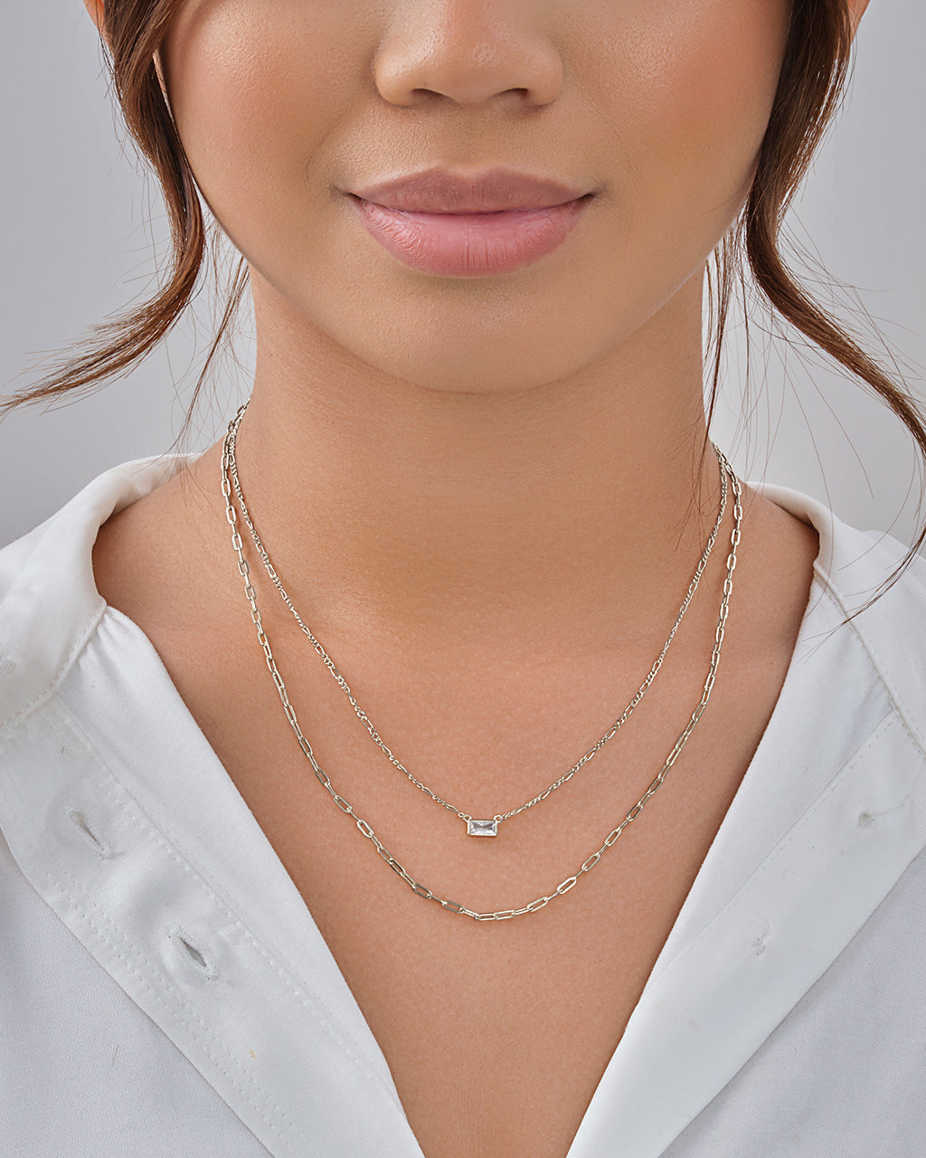 Delicate Sterling Silver 2 Layer Chain Necklace with Baguette CZ Charm by Sterling Forever