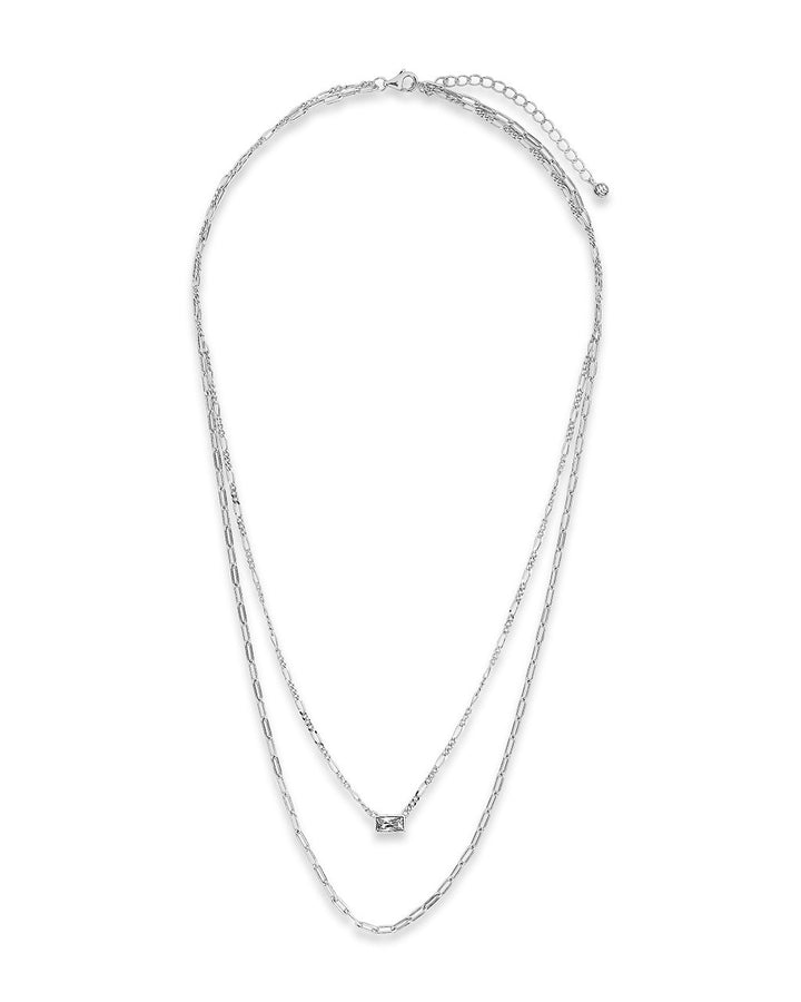 Delicate Sterling Silver 2 Layer Chain Necklace with Baguette CZ Charm by Sterling Forever