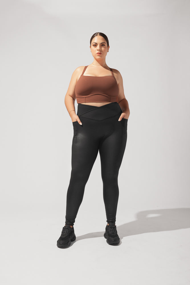 High Rise Crisscross Hourglass Legging™ with Pockets in Vegan Stretch Leather - Black by POPFLEX®