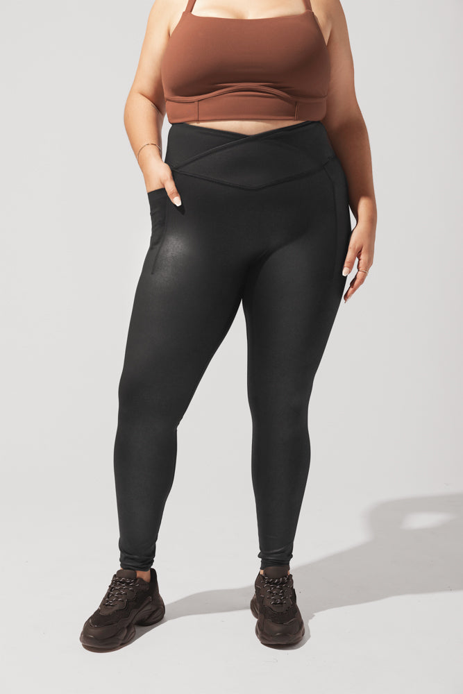 High Rise Crisscross Hourglass Legging™ with Pockets in Vegan Stretch Leather - Black by POPFLEX®