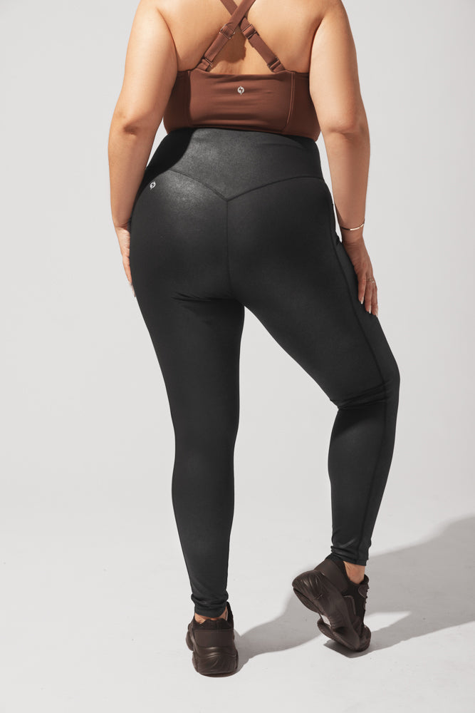 High Rise Crisscross Hourglass Legging™ with Pockets in Vegan Stretch Leather - Black by POPFLEX®