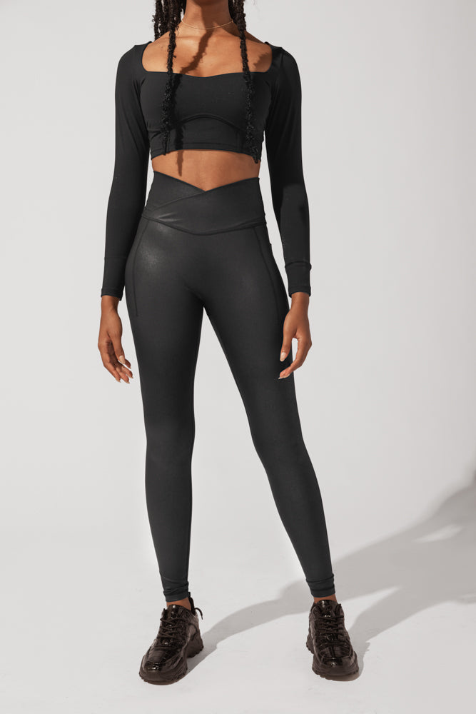 High Rise Crisscross Hourglass Legging™ with Pockets in Vegan Stretch Leather - Black by POPFLEX®